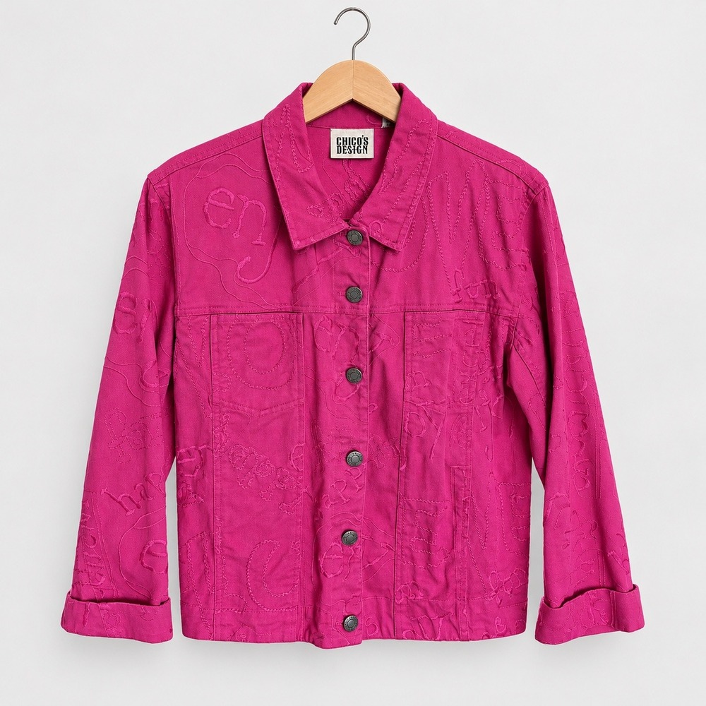 Vintage Chico's Pink Embroidered Horseshoe Love Happy Jacket Western Boho Large